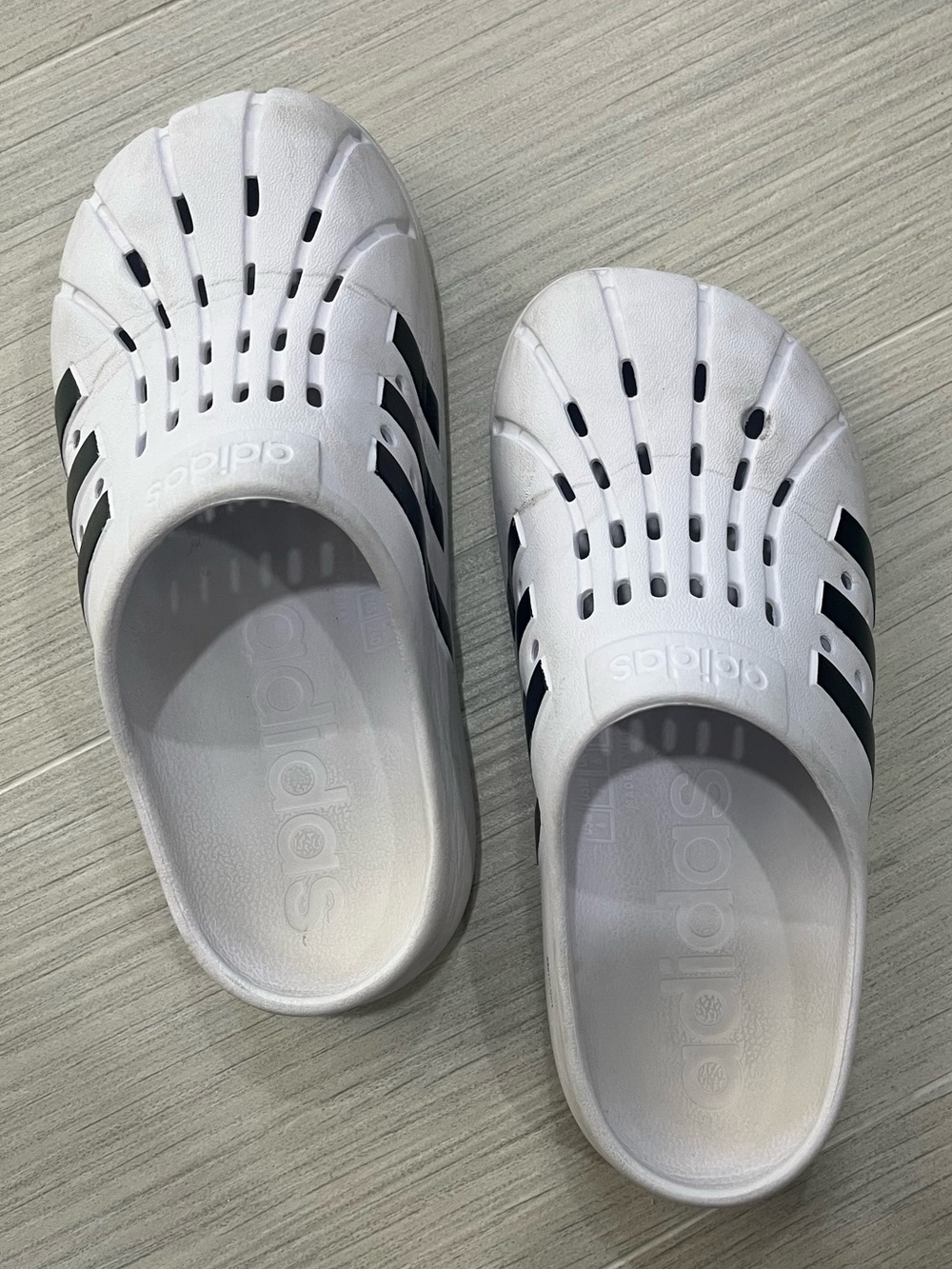 adidas White Clog Slides with Black Stripes
